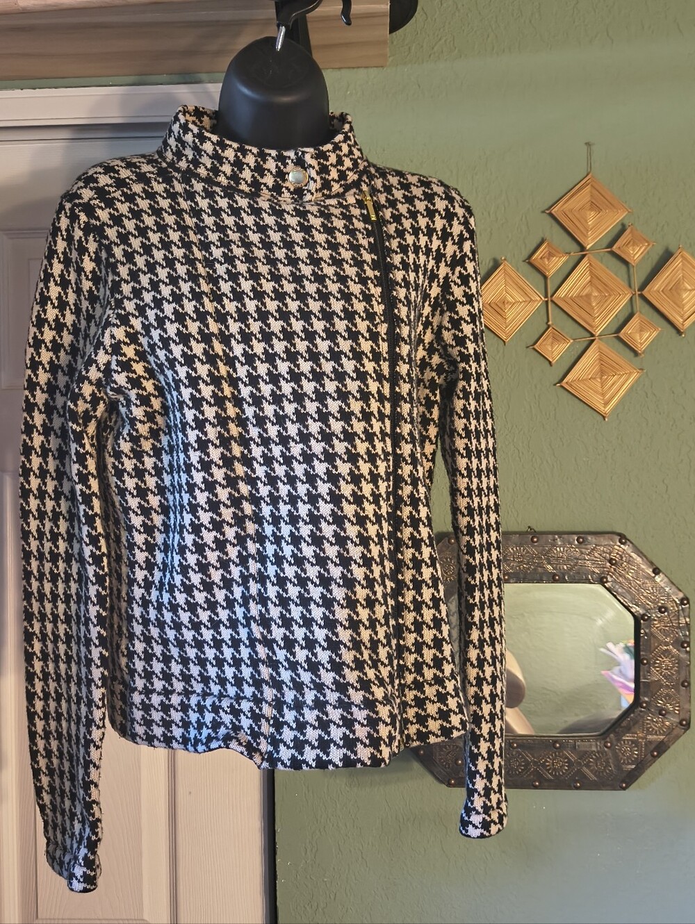 Chaps Black & Cream Houndstooth Knit Moto Jacket Asymmetrical Zip Cardigan - L